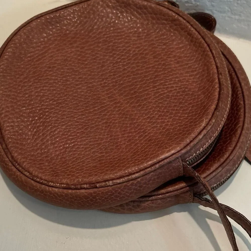 Bally Pebbled Leather Double Circle Crossbody Bag Cognac Brown Quiet Luxury